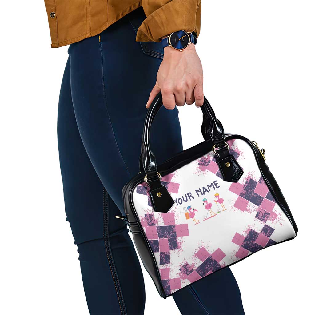 Golf Flamingo Friends Shoulder Handbag Pink Argyle Pattern and Custom Name Text on White and Rose Color Block - Wonder Print Shop