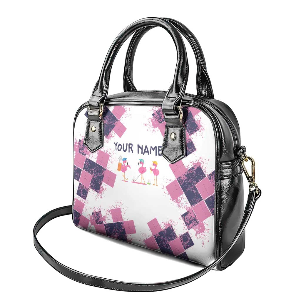 Golf Flamingo Friends Shoulder Handbag Pink Argyle Pattern and Custom Name Text on White and Rose Color Block - Wonder Print Shop