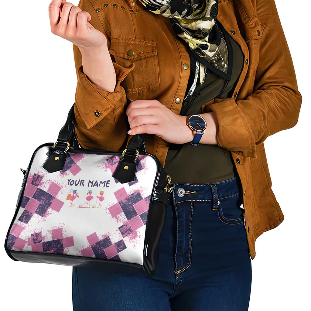 Golf Flamingo Friends Shoulder Handbag Pink Argyle Pattern and Custom Name Text on White and Rose Color Block - Wonder Print Shop