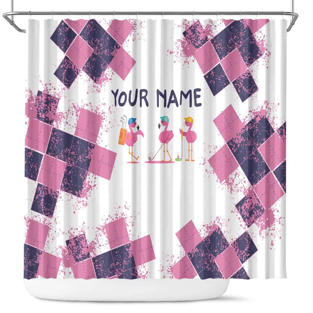 Golf Flamingo Friends Shower Curtain Pink Argyle Pattern and Custom Name Text on White and Rose Color Block - Wonder Print Shop