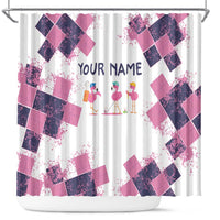 Golf Flamingo Friends Shower Curtain Pink Argyle Pattern and Custom Name Text on White and Rose Color Block - Wonder Print Shop