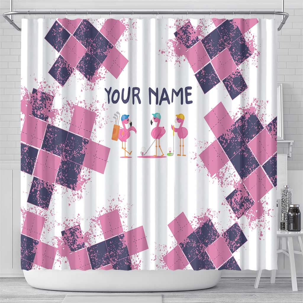 Golf Flamingo Friends Shower Curtain Pink Argyle Pattern and Custom Name Text on White and Rose Color Block - Wonder Print Shop