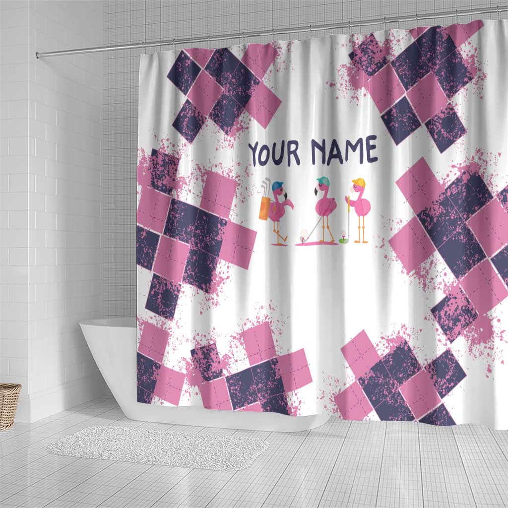 Golf Flamingo Friends Shower Curtain Pink Argyle Pattern and Custom Name Text on White and Rose Color Block - Wonder Print Shop