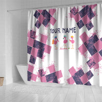 Golf Flamingo Friends Shower Curtain Pink Argyle Pattern and Custom Name Text on White and Rose Color Block - Wonder Print Shop