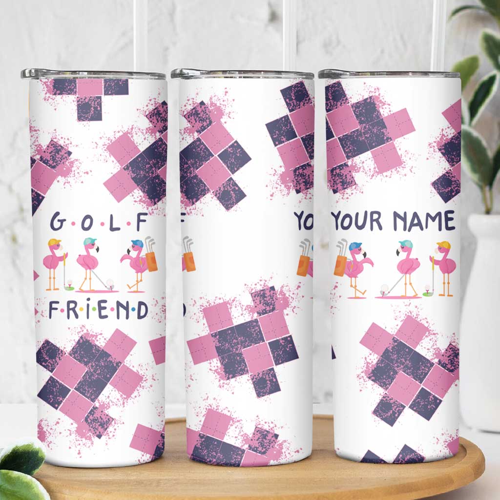 Golf Flamingo Friends Skinny Tumbler Pink Argyle Pattern and Custom Name Text on White and Rose Color Block - Wonder Print Shop