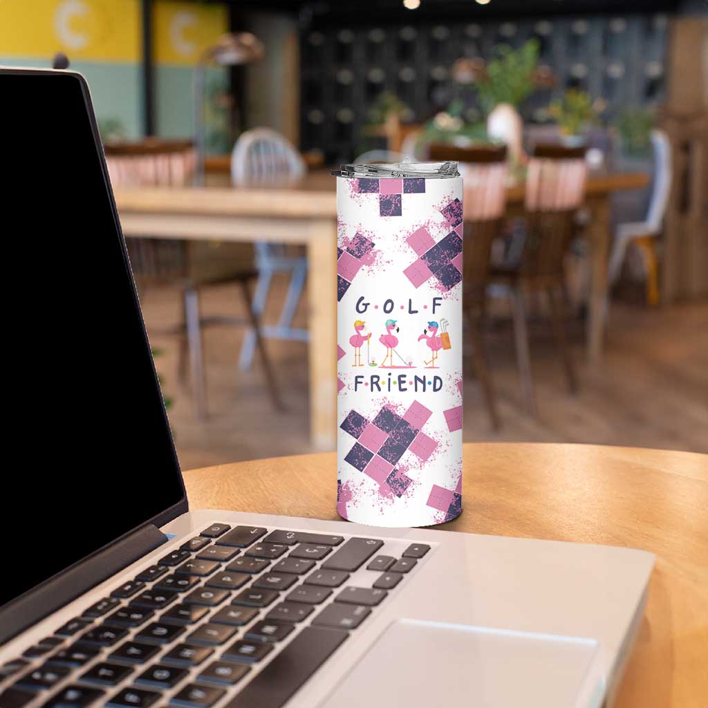 Golf Flamingo Friends Skinny Tumbler Pink Argyle Pattern and Custom Name Text on White and Rose Color Block - Wonder Print Shop