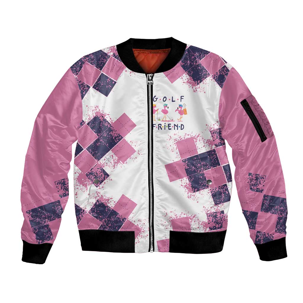 Golf Flamingo Friends Sleeve Zip Bomber Jacket Pink Argyle Pattern and Custom Name Text on White and Rose Color Block - Wonder Print Shop