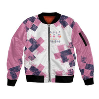 Golf Flamingo Friends Sleeve Zip Bomber Jacket Pink Argyle Pattern and Custom Name Text on White and Rose Color Block - Wonder Print Shop