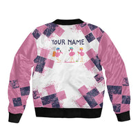 Golf Flamingo Friends Sleeve Zip Bomber Jacket Pink Argyle Pattern and Custom Name Text on White and Rose Color Block - Wonder Print Shop