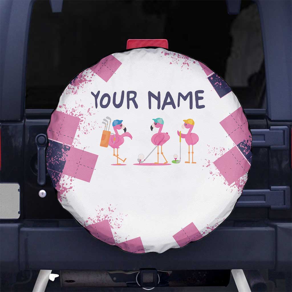 Golf Flamingo Friends Spare Tire Cover Pink Argyle Pattern and Custom Name Text on White and Rose Color Block - Wonder Print Shop