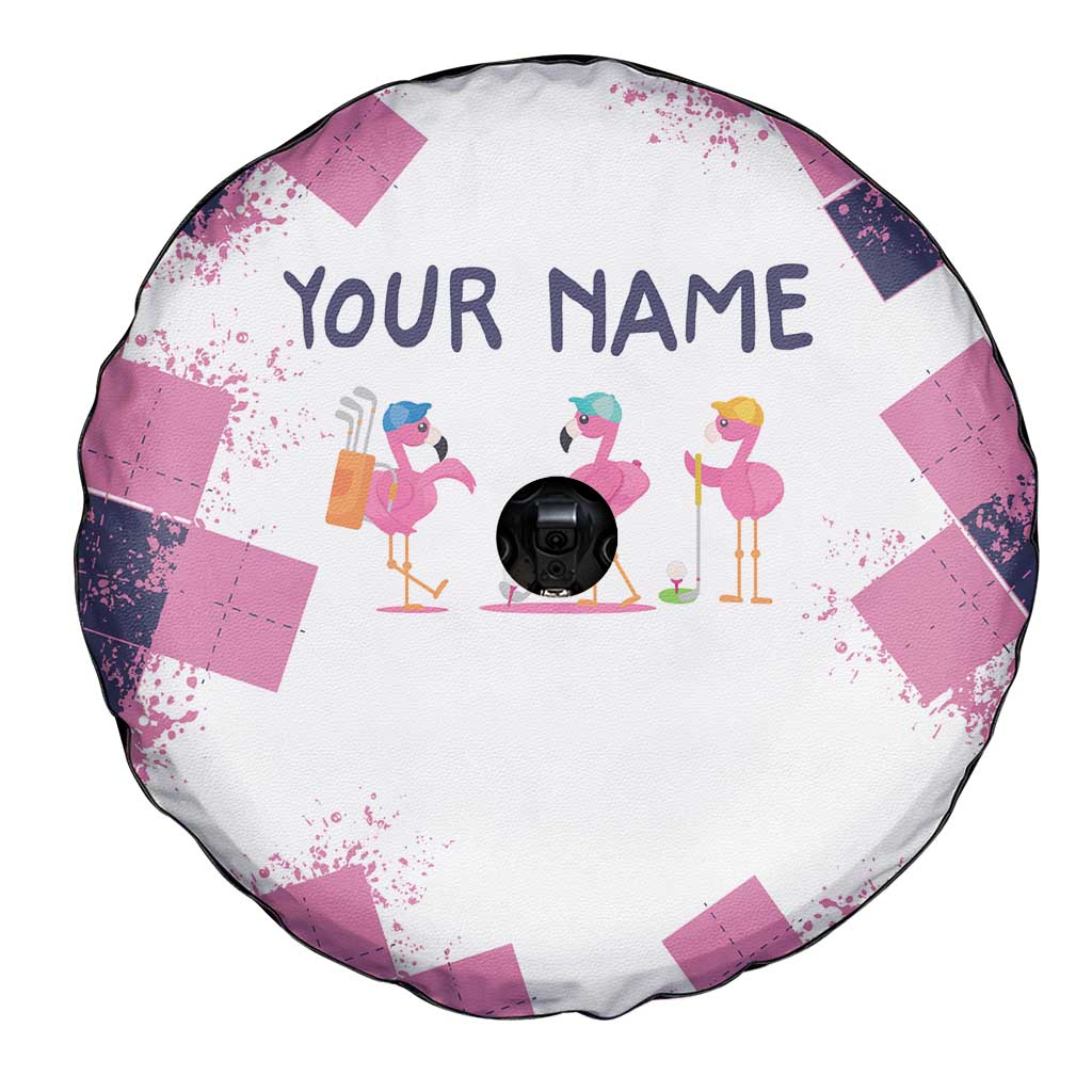 Golf Flamingo Friends Spare Tire Cover Pink Argyle Pattern and Custom Name Text on White and Rose Color Block - Wonder Print Shop