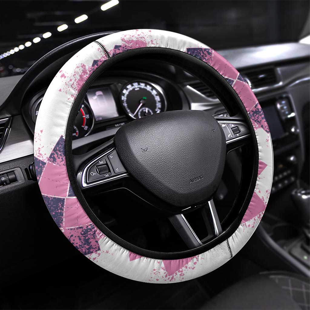 Golf Flamingo Friends Steering Wheel Cover Pink Argyle Pattern and Name Text on White and Rose Color Block - Wonder Print Shop