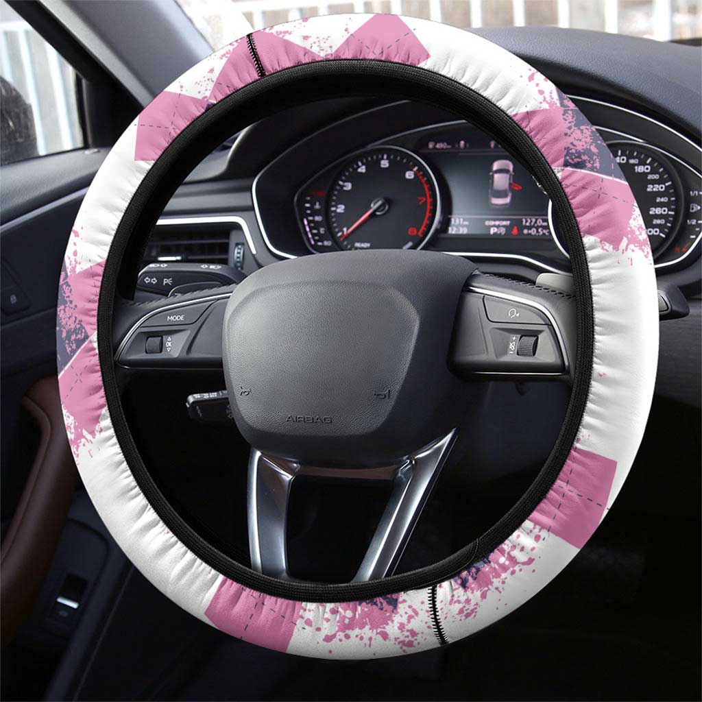 Golf Flamingo Friends Steering Wheel Cover Pink Argyle Pattern and Name Text on White and Rose Color Block - Wonder Print Shop