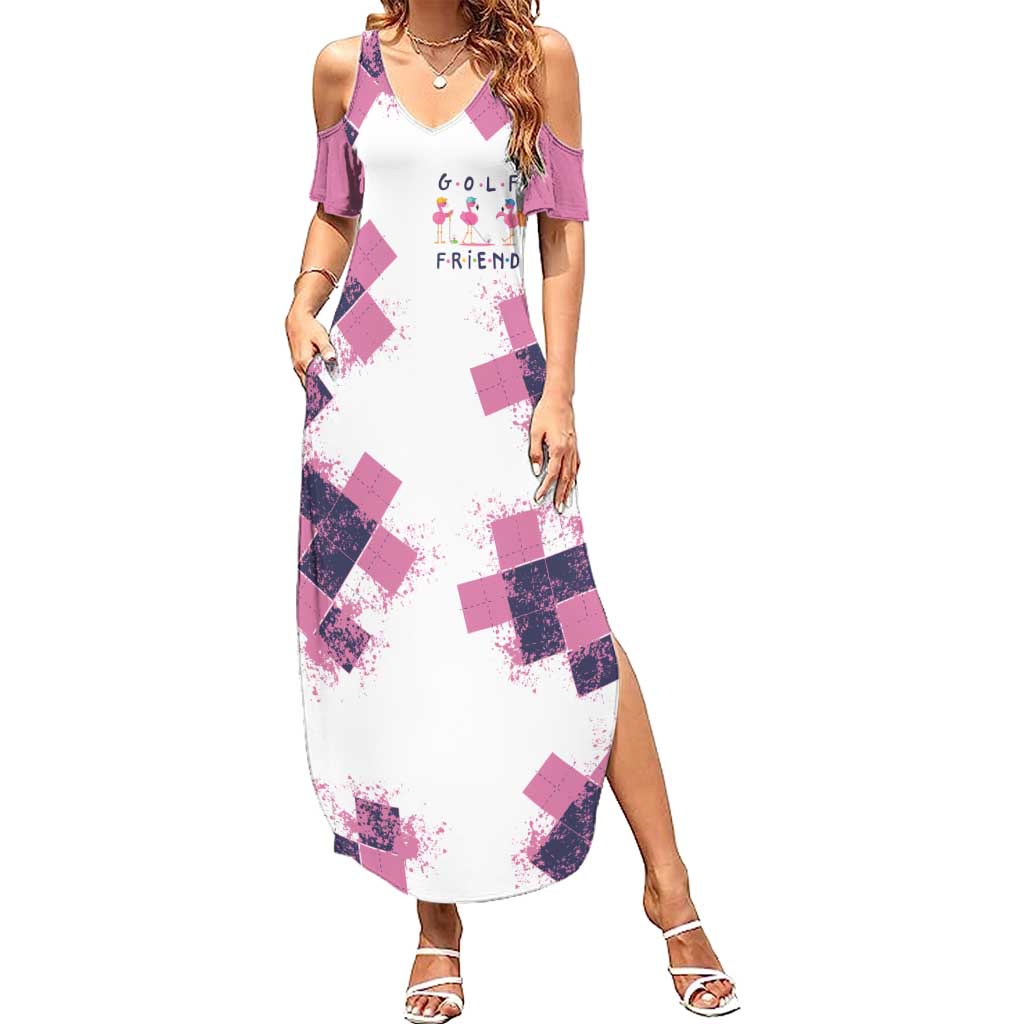 Golf Flamingo Friends Summer Maxi Dress Pink Argyle Pattern and Custom Name Text on White and Rose Color Block - Wonder Print Shop