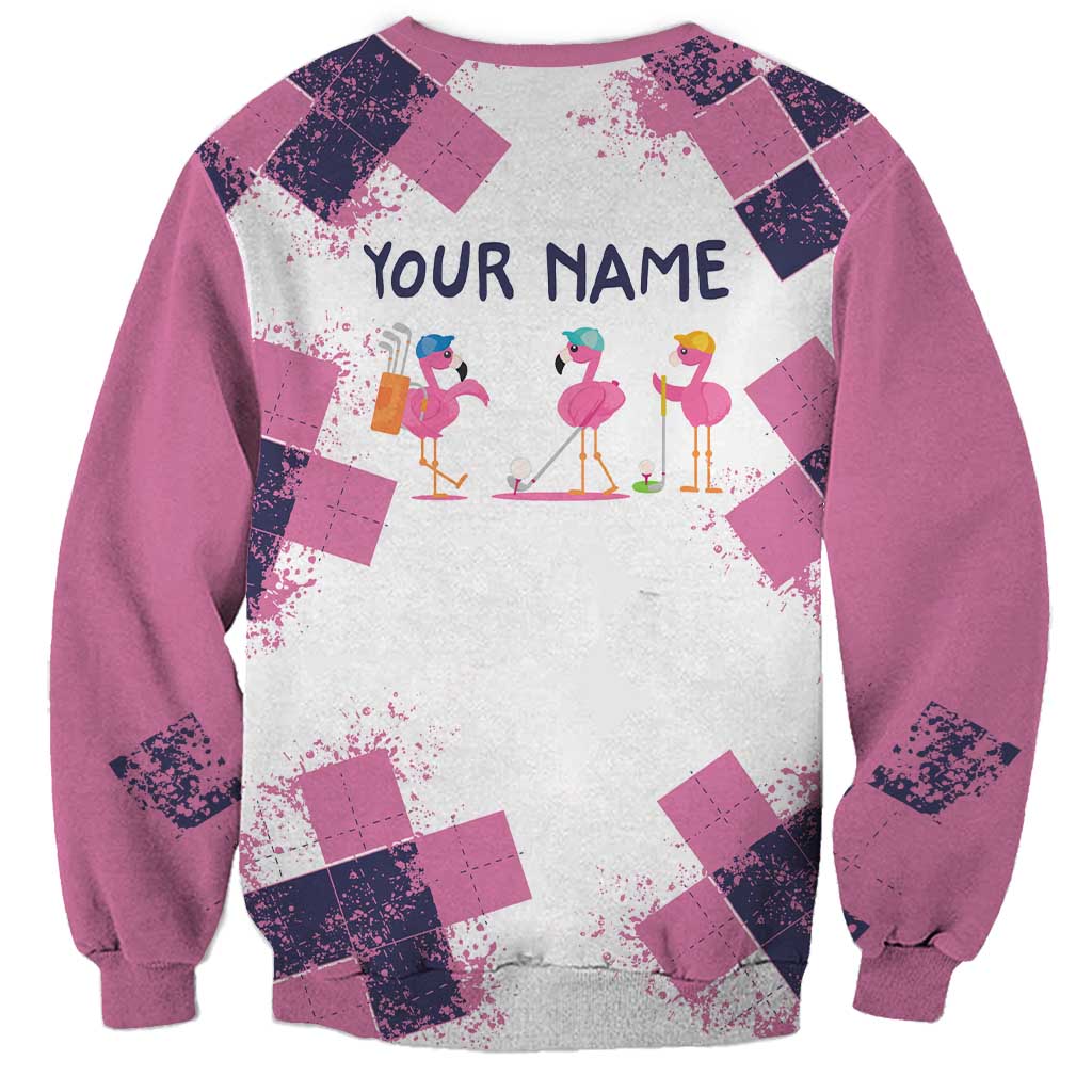 Golf Flamingo Friends Sweatshirt Pink Argyle Pattern and Custom Name Text on White and Rose Color Block - Wonder Print Shop