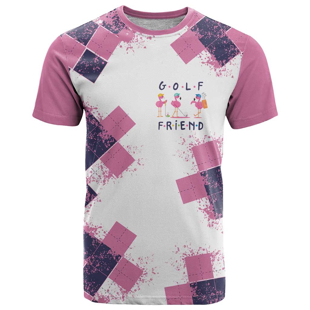 Golf Flamingo Friends T Shirt Pink Argyle Pattern and Custom Name Text on White and Rose Color Block - Wonder Print Shop