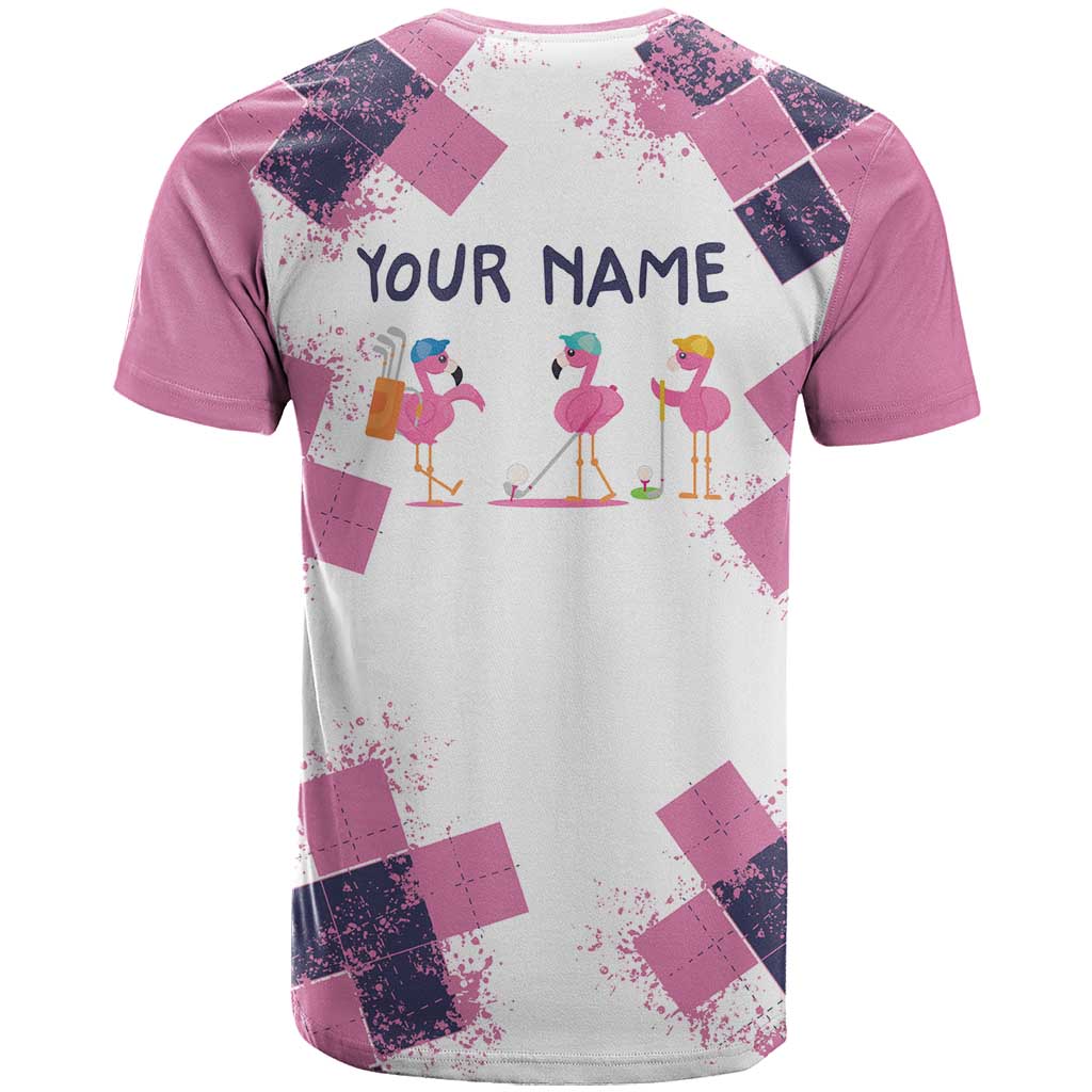 Golf Flamingo Friends T Shirt Pink Argyle Pattern and Custom Name Text on White and Rose Color Block - Wonder Print Shop
