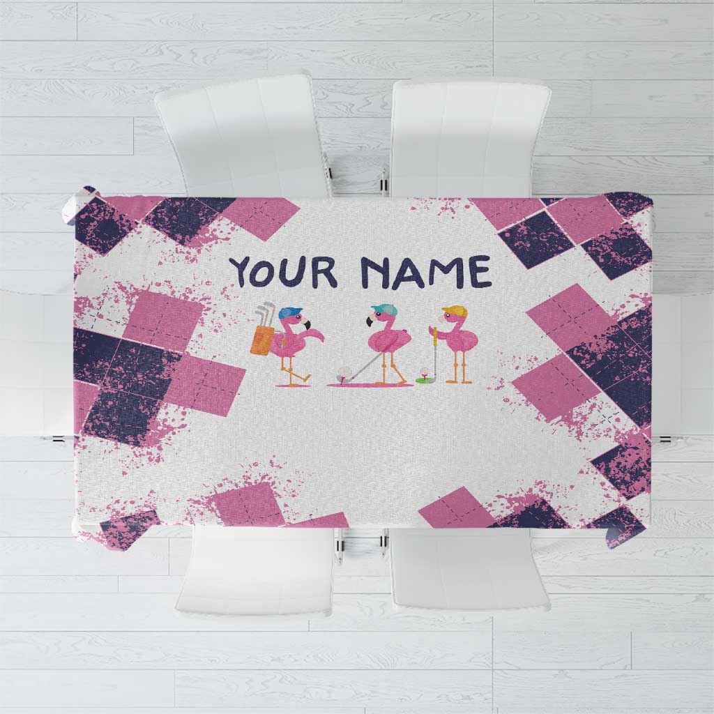 Golf Flamingo Friends Tablecloth Pink Argyle Pattern and Custom Name Text on White and Rose Color Block - Wonder Print Shop