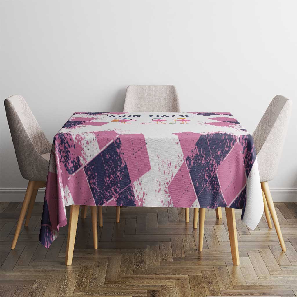 Golf Flamingo Friends Tablecloth Pink Argyle Pattern and Custom Name Text on White and Rose Color Block - Wonder Print Shop