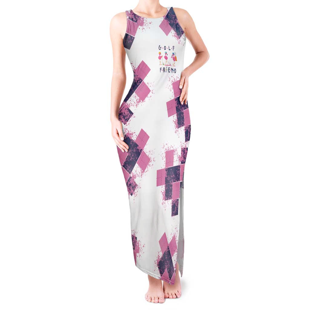 Golf Flamingo Friends Tank Maxi Dress Pink Argyle Pattern and Custom Name Text on White and Rose Color Block - Wonder Print Shop