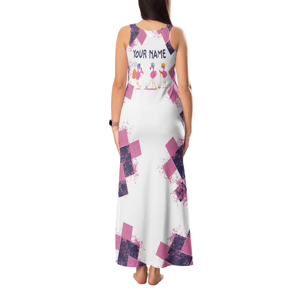 Golf Flamingo Friends Tank Maxi Dress Pink Argyle Pattern and Custom Name Text on White and Rose Color Block - Wonder Print Shop