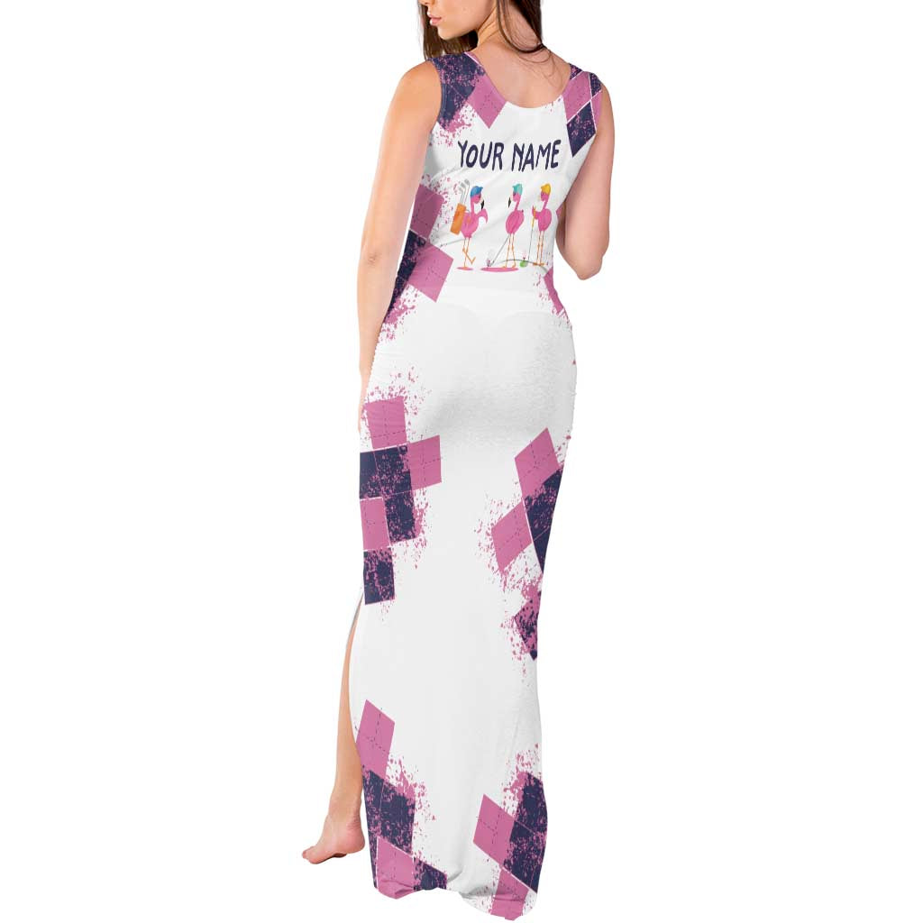 Golf Flamingo Friends Tank Maxi Dress Pink Argyle Pattern and Custom Name Text on White and Rose Color Block - Wonder Print Shop