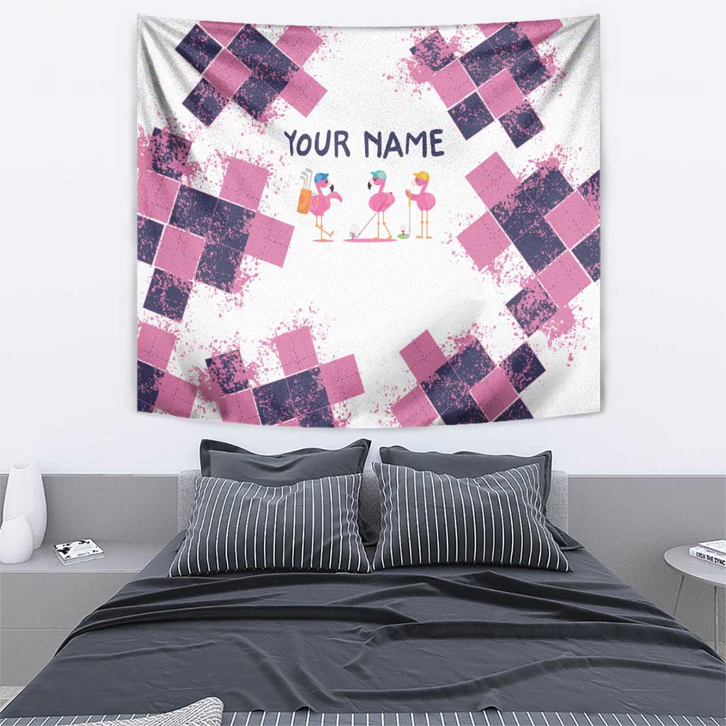 Golf Flamingo Friends Tapestry Pink Argyle Pattern and Custom Name Text on White and Rose Color Block - Wonder Print Shop