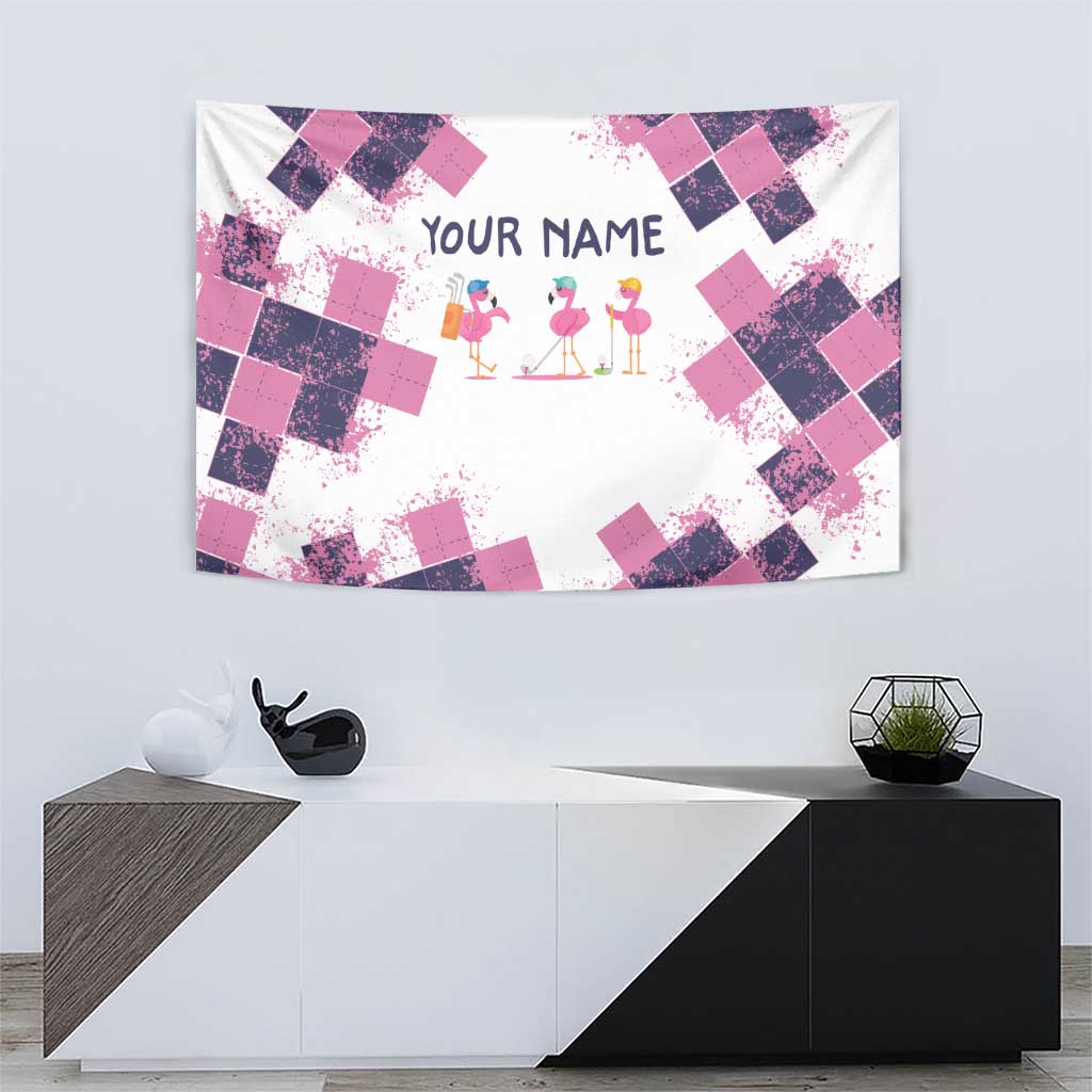 Golf Flamingo Friends Tapestry Pink Argyle Pattern and Custom Name Text on White and Rose Color Block - Wonder Print Shop