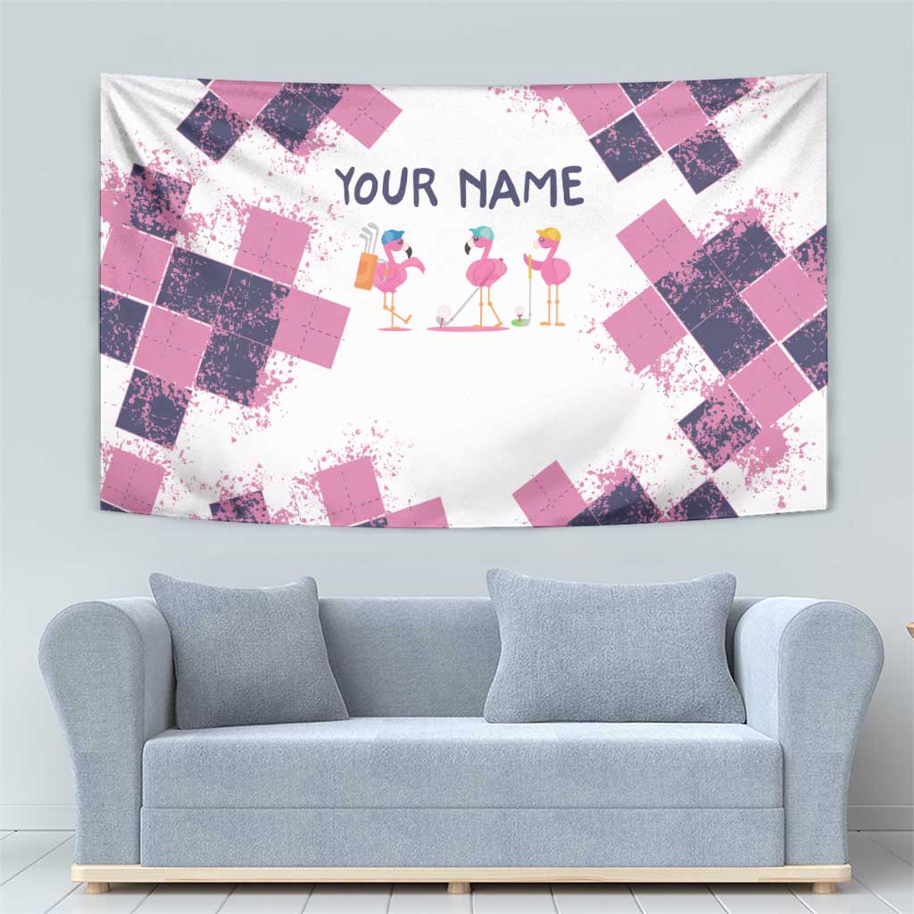 Golf Flamingo Friends Tapestry Pink Argyle Pattern and Custom Name Text on White and Rose Color Block - Wonder Print Shop