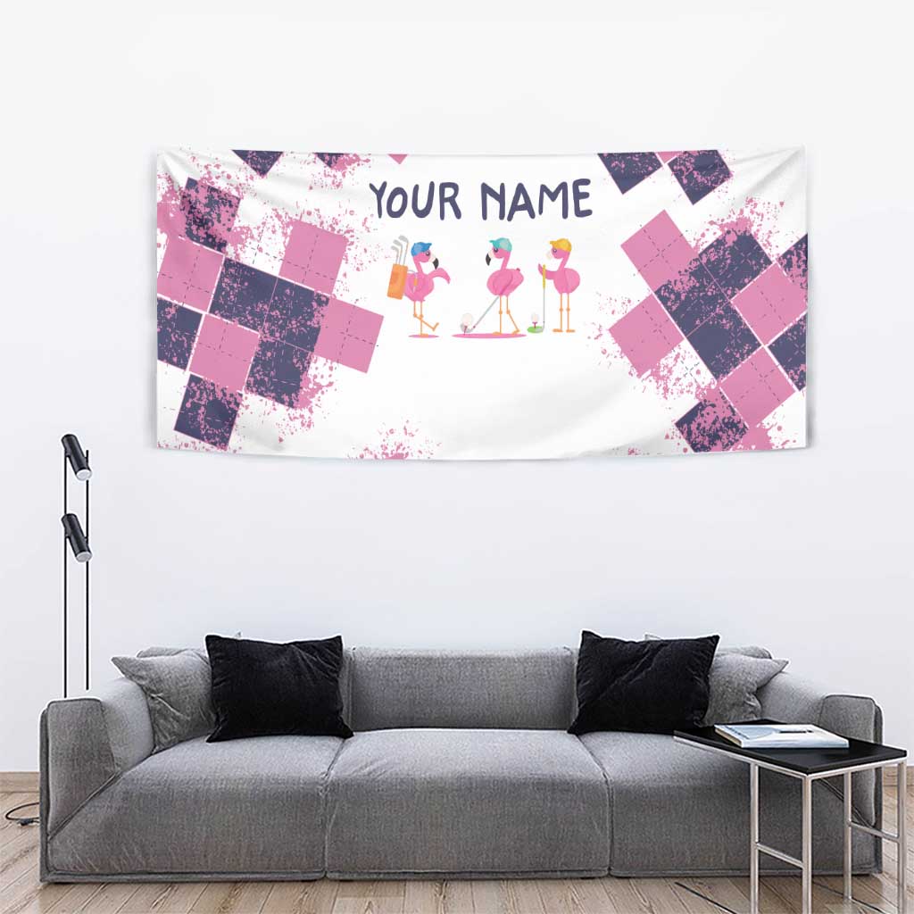 Golf Flamingo Friends Tapestry Pink Argyle Pattern and Custom Name Text on White and Rose Color Block - Wonder Print Shop