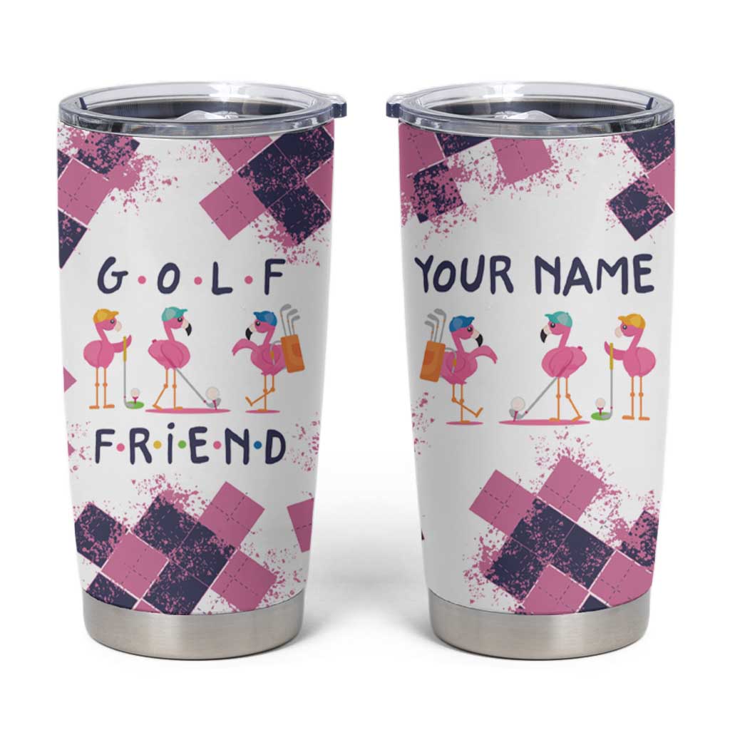 Golf Flamingo Friends Tumbler Cup Pink Argyle Pattern and Custom Name Text on White and Rose Color Block - Wonder Print Shop
