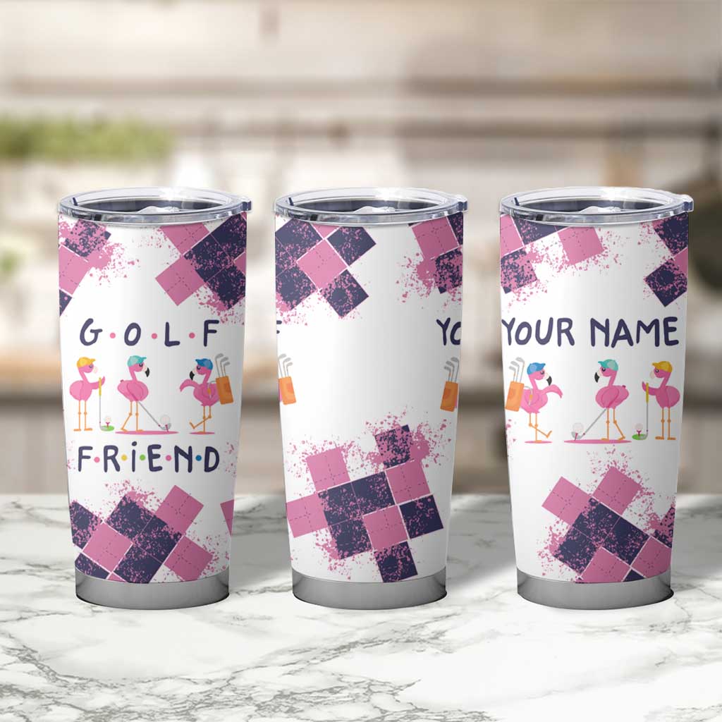 Golf Flamingo Friends Tumbler Cup Pink Argyle Pattern and Custom Name Text on White and Rose Color Block - Wonder Print Shop