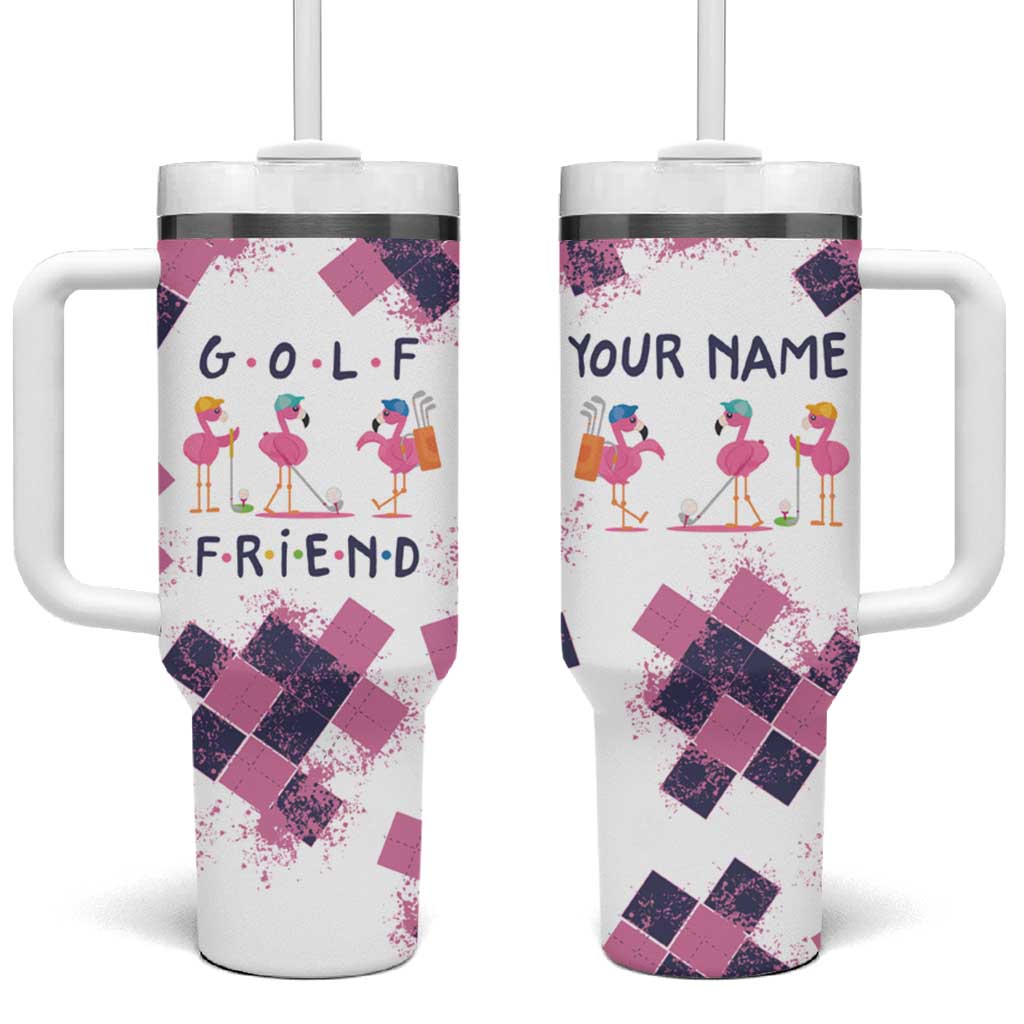 Golf Flamingo Friends Tumbler With Handle Pink Argyle Pattern and Custom Name Text on White and Rose Color Block - Wonder Print Shop