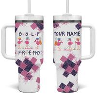 Golf Flamingo Friends Tumbler With Handle Pink Argyle Pattern and Custom Name Text on White and Rose Color Block - Wonder Print Shop