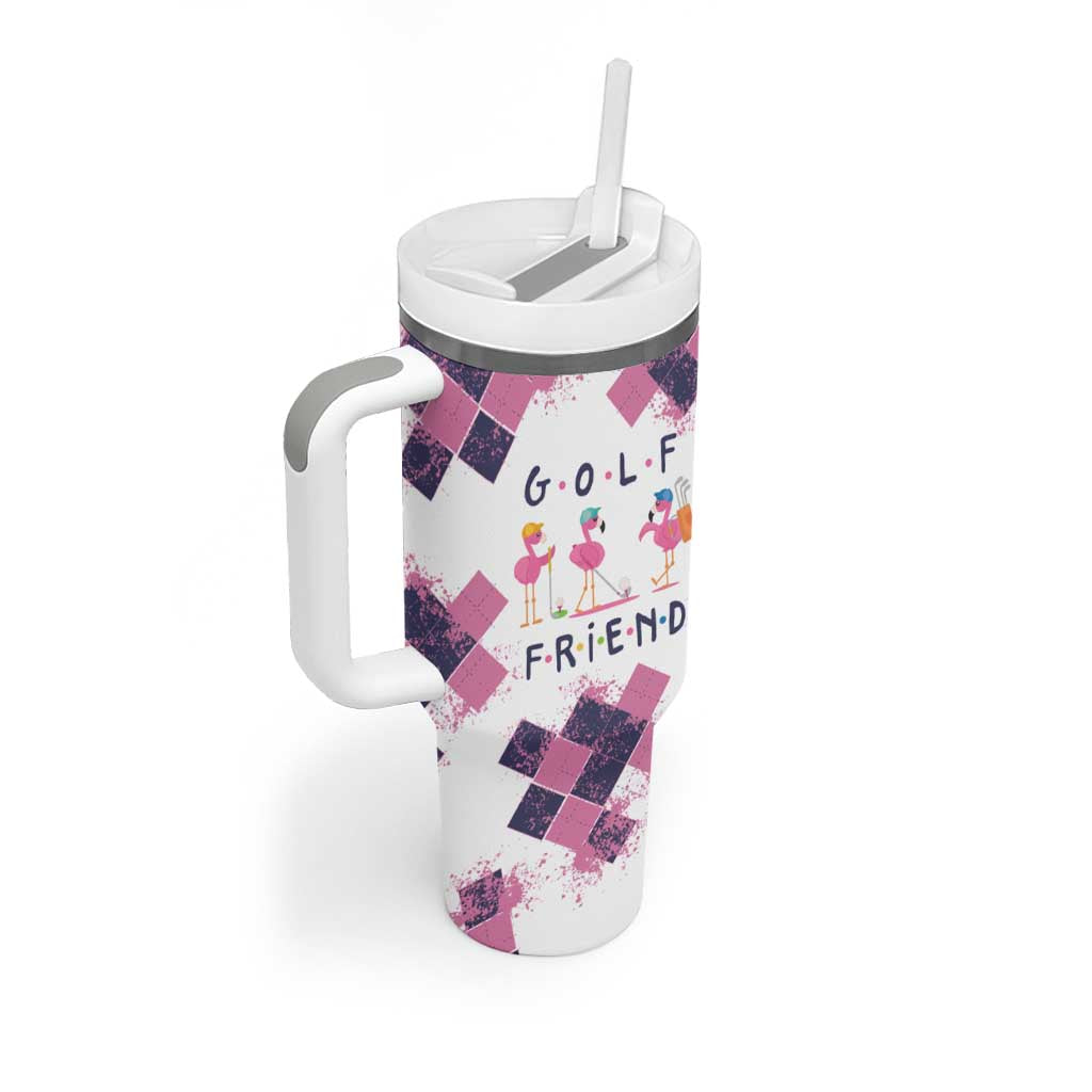 Golf Flamingo Friends Tumbler With Handle Pink Argyle Pattern and Custom Name Text on White and Rose Color Block - Wonder Print Shop