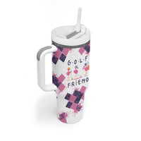Golf Flamingo Friends Tumbler With Handle Pink Argyle Pattern and Custom Name Text on White and Rose Color Block - Wonder Print Shop
