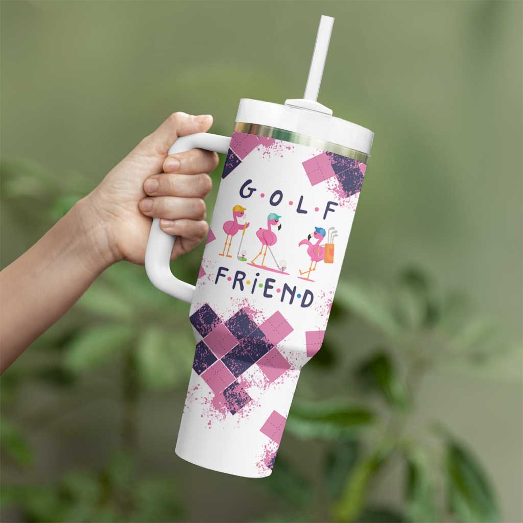 Golf Flamingo Friends Tumbler With Handle Pink Argyle Pattern and Custom Name Text on White and Rose Color Block - Wonder Print Shop