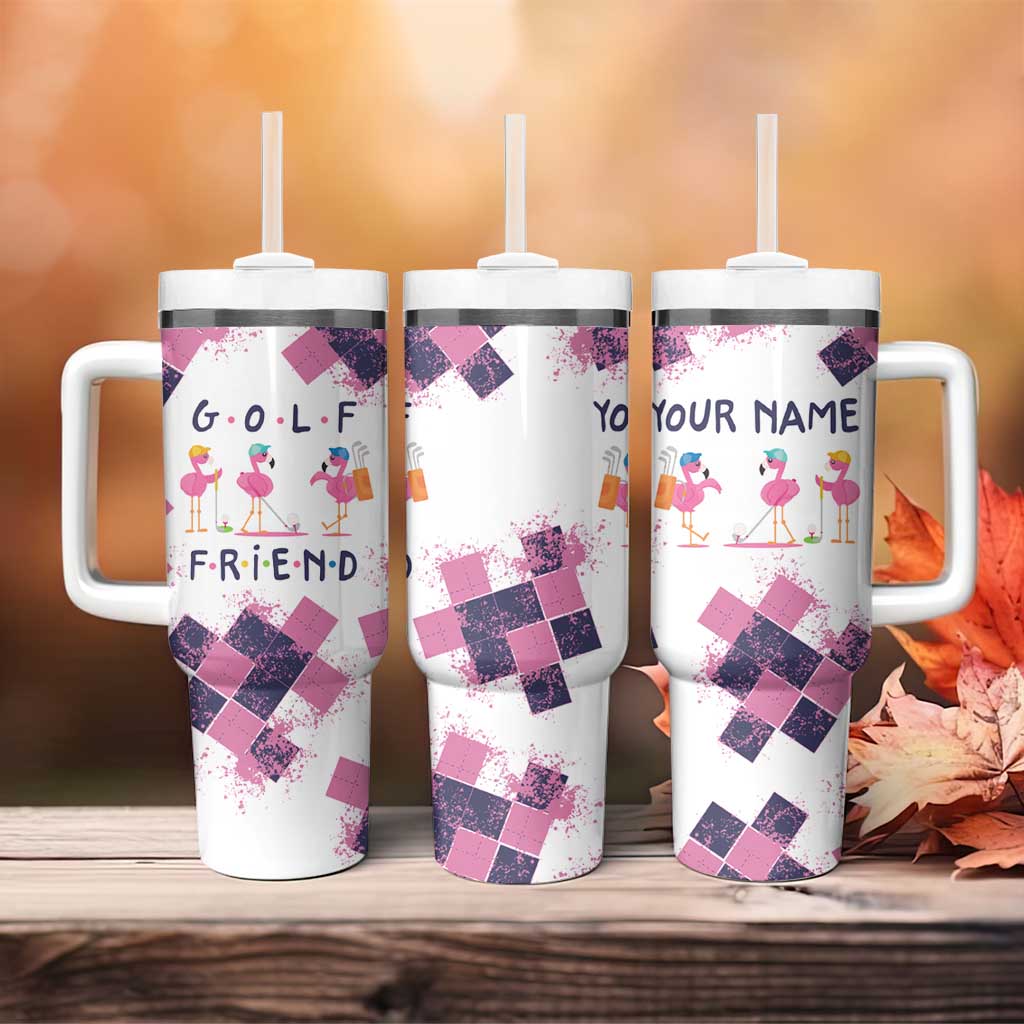 Golf Flamingo Friends Tumbler With Handle Pink Argyle Pattern and Custom Name Text on White and Rose Color Block - Wonder Print Shop