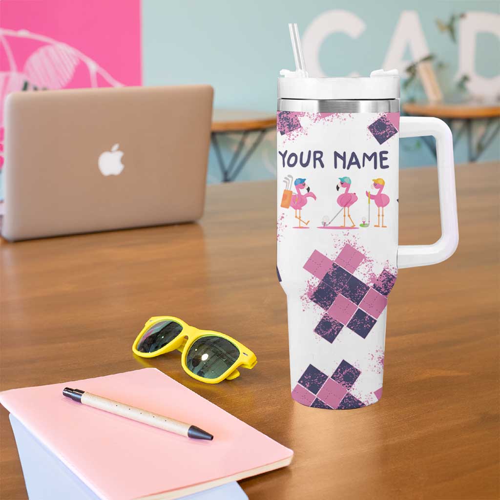 Golf Flamingo Friends Tumbler With Handle Pink Argyle Pattern and Custom Name Text on White and Rose Color Block - Wonder Print Shop