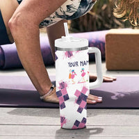 Golf Flamingo Friends Tumbler With Handle Pink Argyle Pattern and Custom Name Text on White and Rose Color Block - Wonder Print Shop