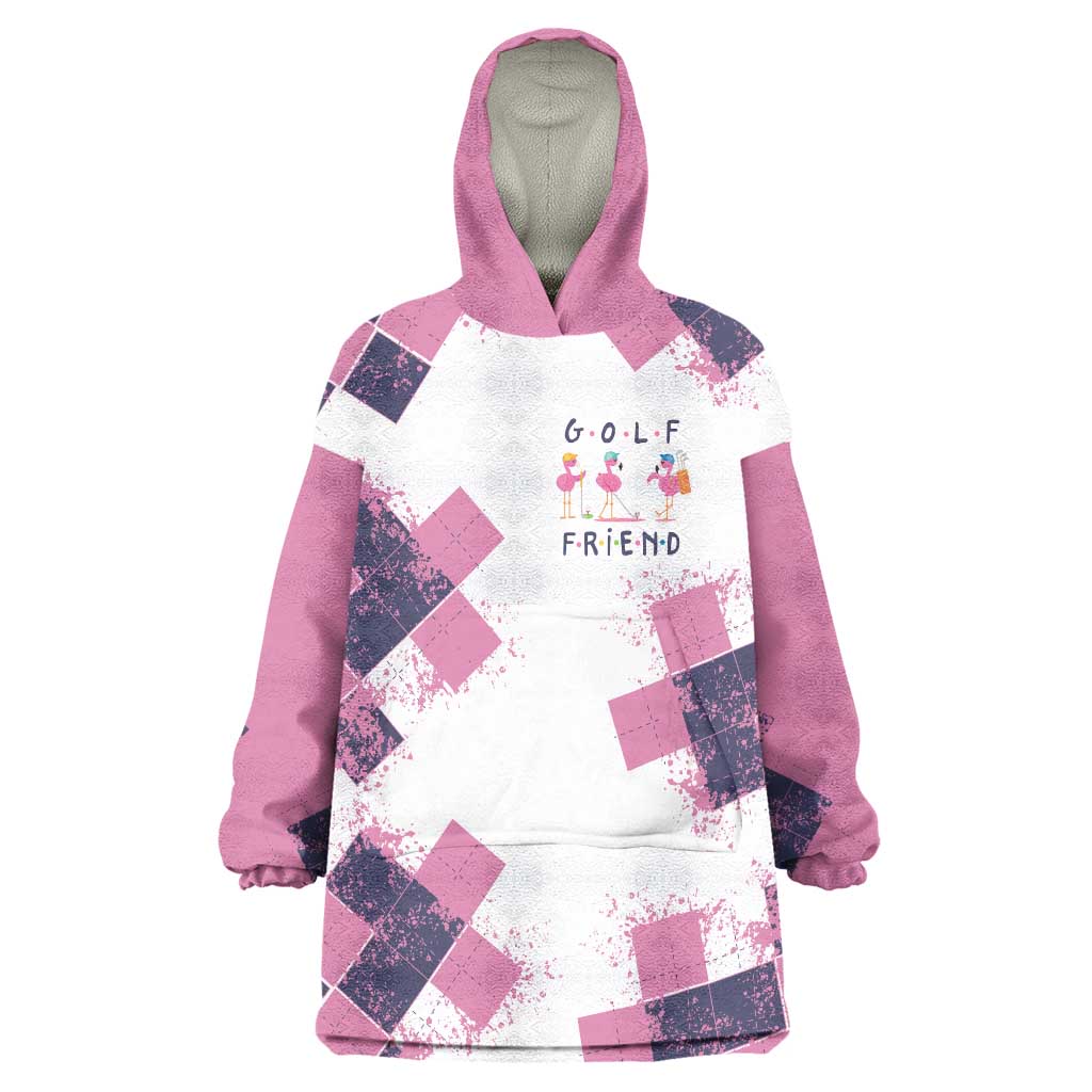 Golf Flamingo Friends Wearable Blanket Hoodie Pink Argyle Pattern and Custom Name Text on White and Rose Color Block - Wonder Print Shop