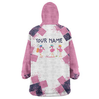 Golf Flamingo Friends Wearable Blanket Hoodie Pink Argyle Pattern and Custom Name Text on White and Rose Color Block - Wonder Print Shop