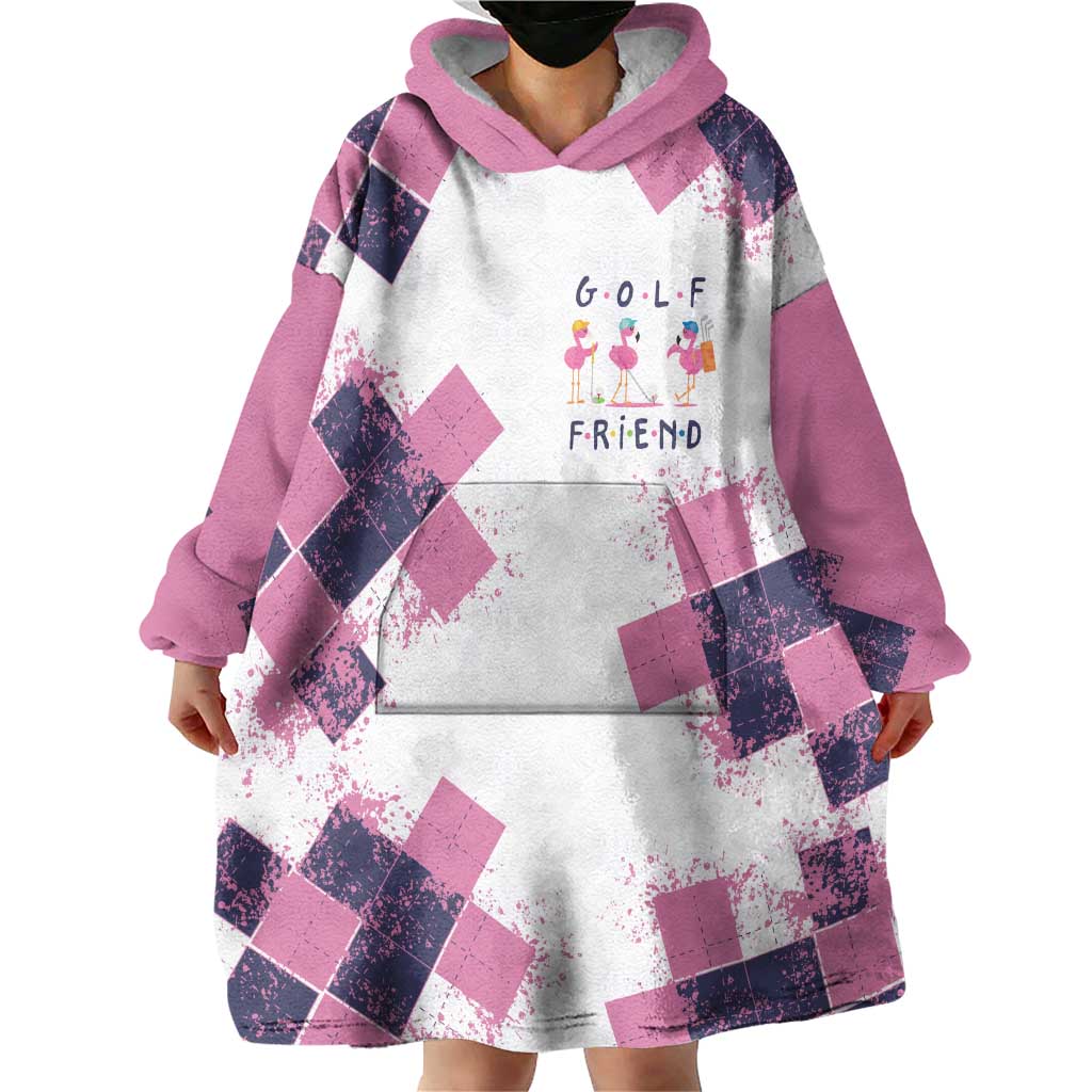 Golf Flamingo Friends Wearable Blanket Hoodie Pink Argyle Pattern and Custom Name Text on White and Rose Color Block - Wonder Print Shop