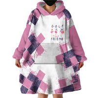 Golf Flamingo Friends Wearable Blanket Hoodie Pink Argyle Pattern and Custom Name Text on White and Rose Color Block - Wonder Print Shop
