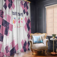 Golf Flamingo Friends Window Curtain Pink Argyle Pattern and Custom Name Text on White and Rose Color Block - Wonder Print Shop