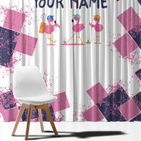 Golf Flamingo Friends Window Curtain Pink Argyle Pattern and Custom Name Text on White and Rose Color Block - Wonder Print Shop