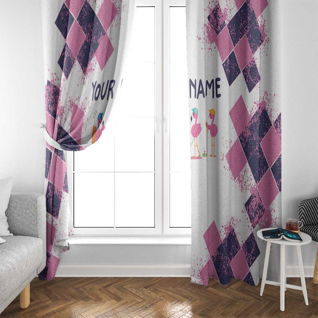 Golf Flamingo Friends Window Curtain Pink Argyle Pattern and Custom Name Text on White and Rose Color Block - Wonder Print Shop