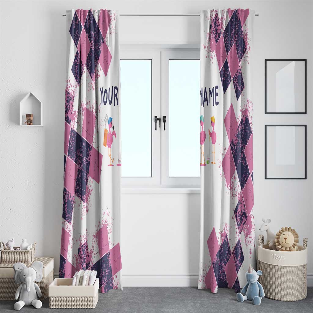 Golf Flamingo Friends Window Curtain Pink Argyle Pattern and Custom Name Text on White and Rose Color Block - Wonder Print Shop