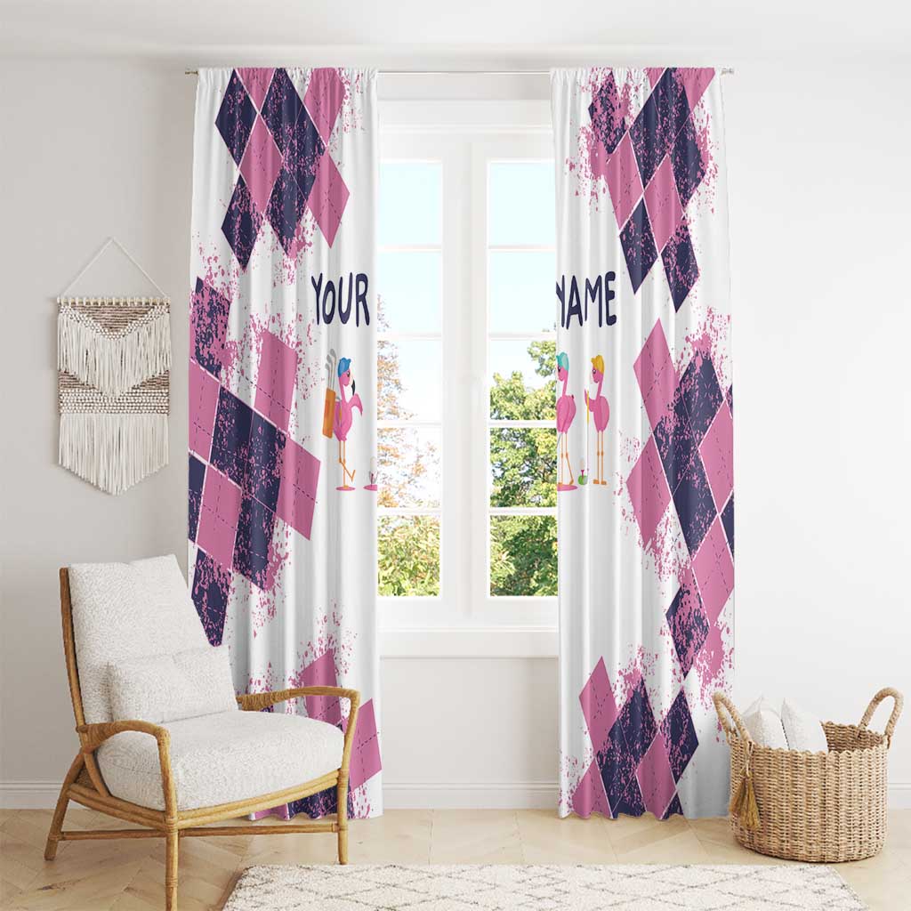 Golf Flamingo Friends Window Curtain Pink Argyle Pattern and Custom Name Text on White and Rose Color Block - Wonder Print Shop