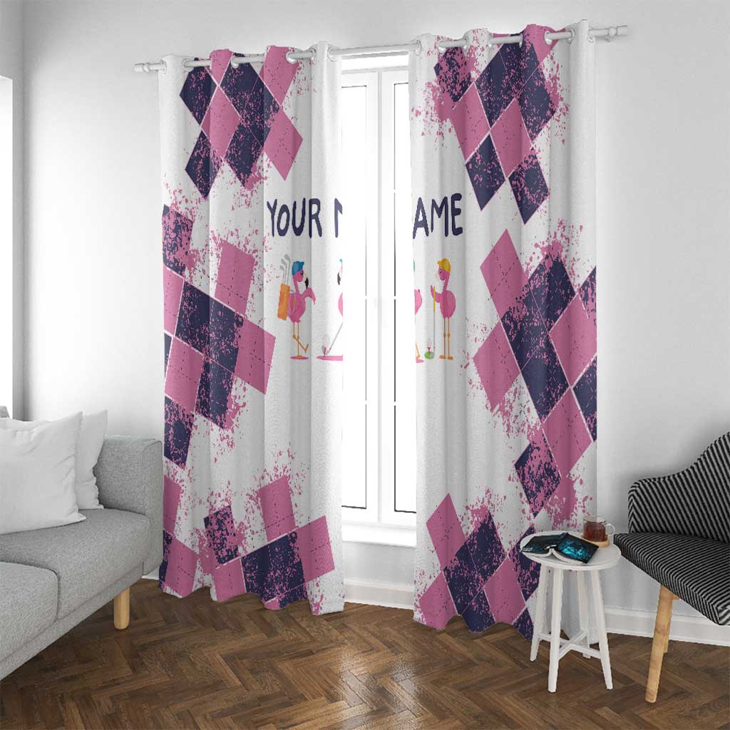 Golf Flamingo Friends Window Curtain Pink Argyle Pattern and Custom Name Text on White and Rose Color Block - Wonder Print Shop